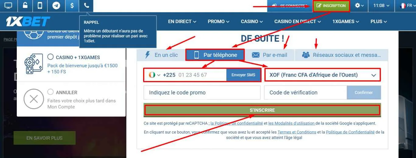 Inscription sur 1xBet