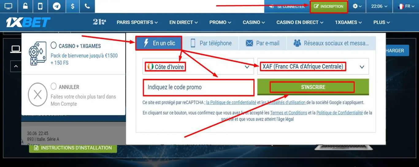 L'inscription sur 1xBet par un clic